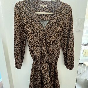 Brown and Black Leopard Print Quarter-Length Sleeve Wrap Dress